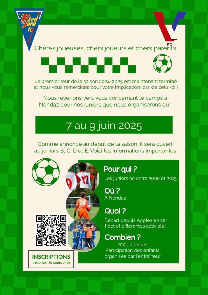 Flyer de présentation du camp juniors organisé par le FC Veyron-Venoge et le FC Pied-du-Jura